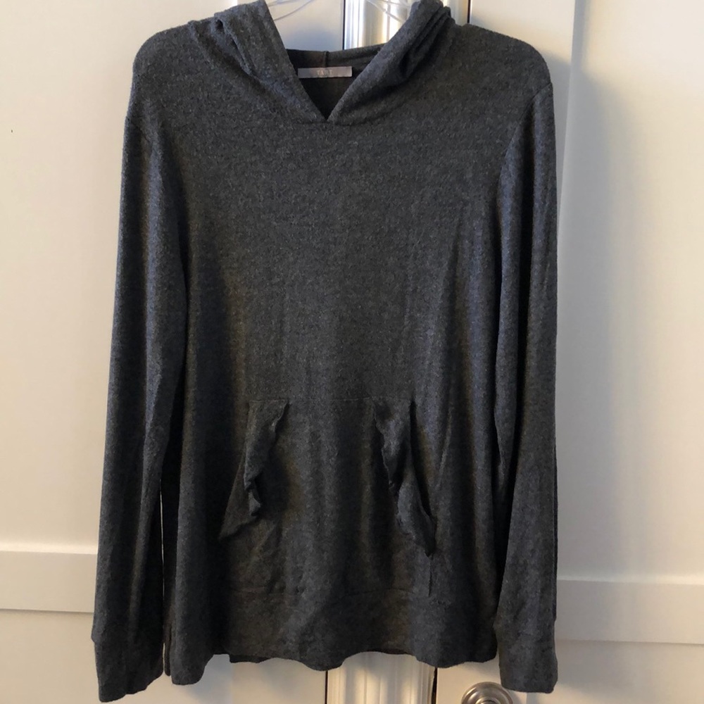 Tart Hooded sweater w/ ruffled detail pouch.